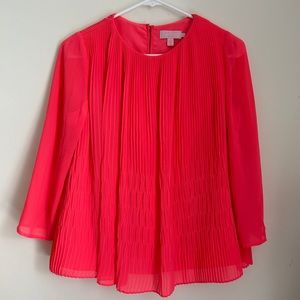 Ted Baker Women Gyda Blouse Sz 1 US 4 Neon Coral Pink Pleated Chiffon 3/4 Sleeve